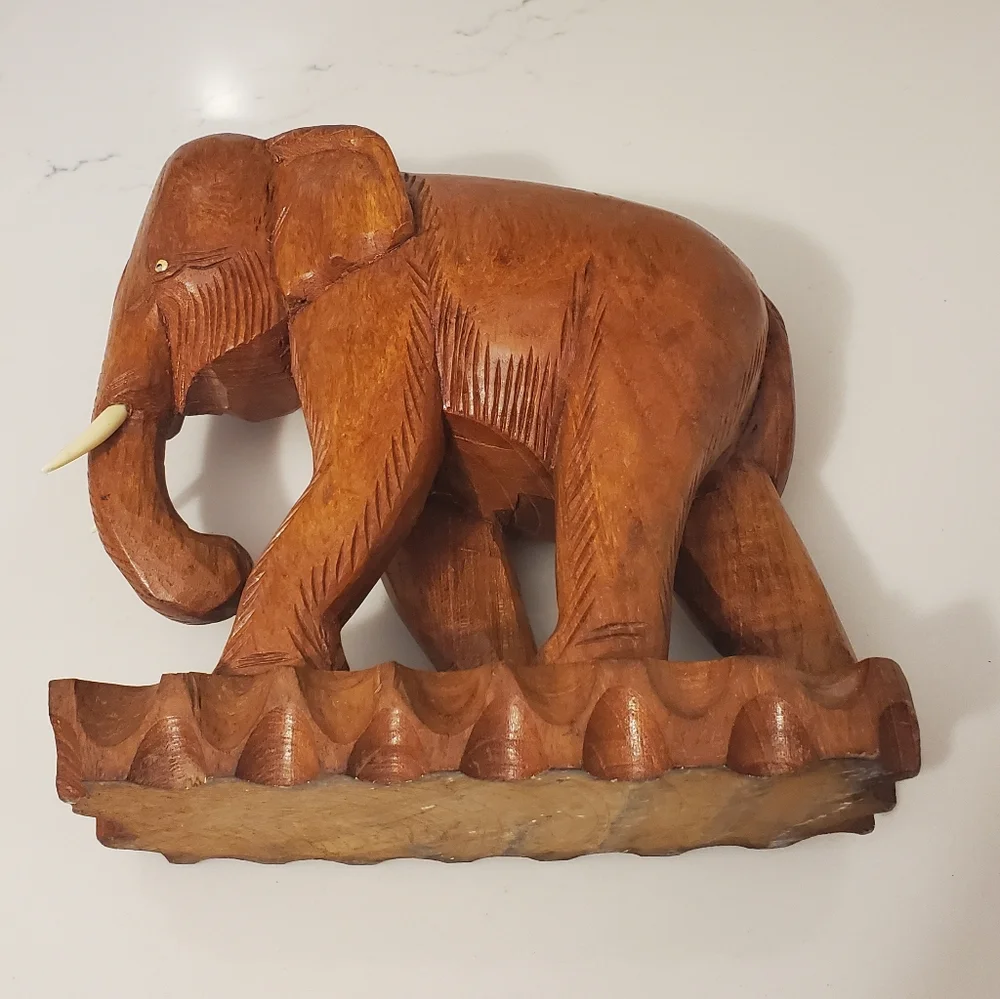 Vintage Large Teak Wooden Elephant With Tusks Hand Carved Solid Wood